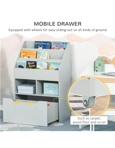 HOMCOM Kids Bookshelf, Toy Organiser, with Storage Drawer, Wheels - Grey