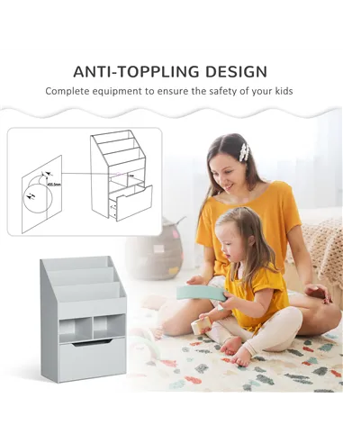 HOMCOM Kids Bookshelf, Toy Organiser, with Storage Drawer, Wheels - Grey