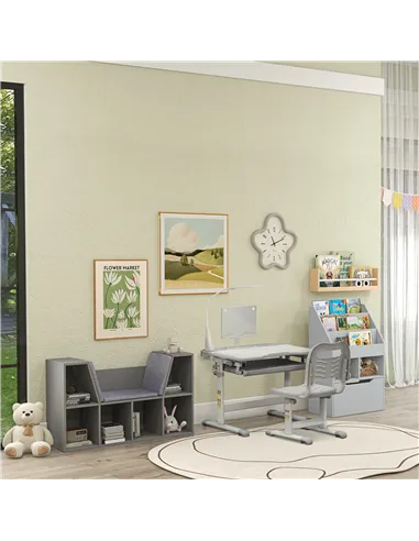 HOMCOM Kids Bookshelf, Toy Organiser, with Storage Drawer, Wheels - Grey