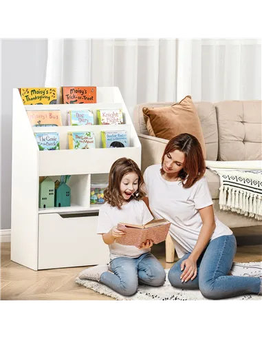 HOMCOM Kids Bookshelf, Toy Organiser, with Storage Drawer, Wheels - White