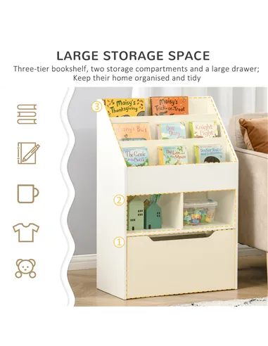 HOMCOM Kids Bookshelf, Toy Organiser, with Storage Drawer, Wheels - White