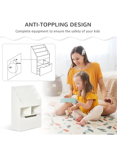 HOMCOM Kids Bookshelf, Toy Organiser, with Storage Drawer, Wheels - White