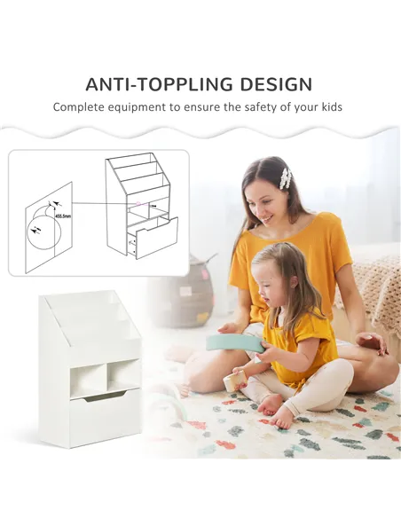 HOMCOM Kids Bookshelf, Toy Organiser, with Storage Drawer, Wheels - White