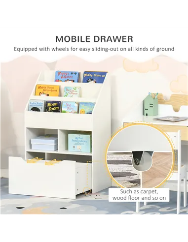 HOMCOM Kids Bookshelf, Toy Organiser, with Storage Drawer, Wheels - White