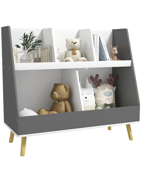 HOMCOM Two-Tier Kids Storage Shelf, with Five Compartments, Anti-Tip Device - Grey