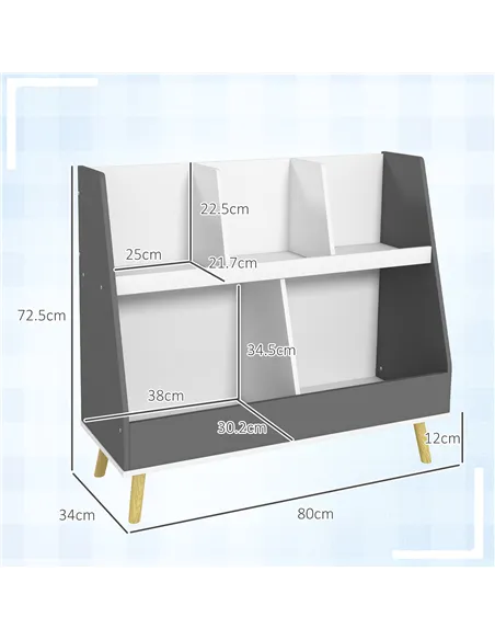 HOMCOM Two-Tier Kids Storage Shelf, with Five Compartments, Anti-Tip Device - Grey