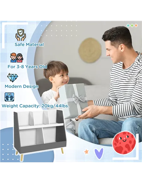 HOMCOM Two-Tier Kids Storage Shelf, with Five Compartments, Anti-Tip Device - Grey