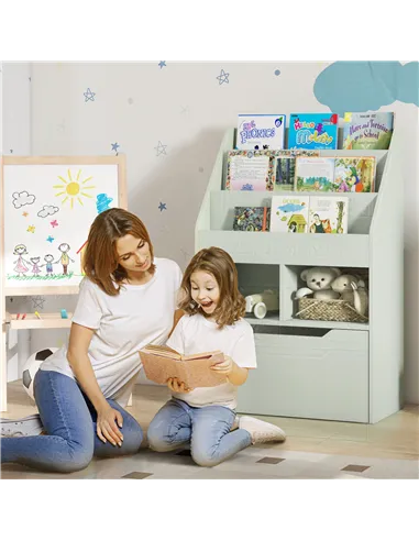 HOMCOM Kids Bookshelf, Toy Organiser, with Storage Drawer, Wheels - Green