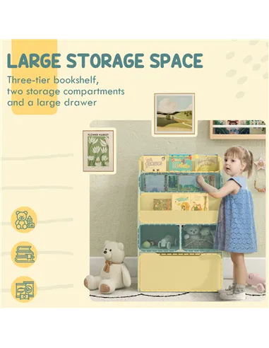 HOMCOM Kids Bookshelf, Toy Organiser, with Storage Drawer, Wheels - Green