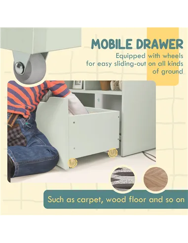 HOMCOM Kids Bookshelf, Toy Organiser, with Storage Drawer, Wheels - Green