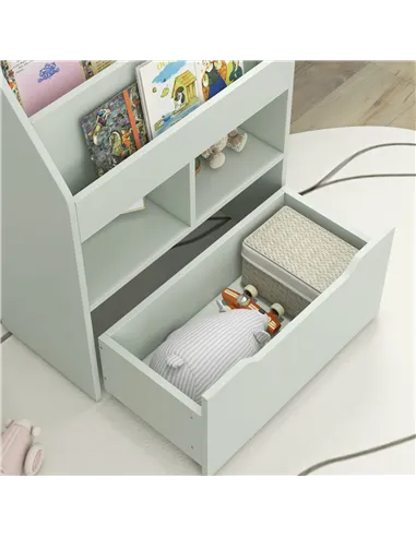 HOMCOM Kids Bookshelf, Toy Organiser, with Storage Drawer, Wheels - Green