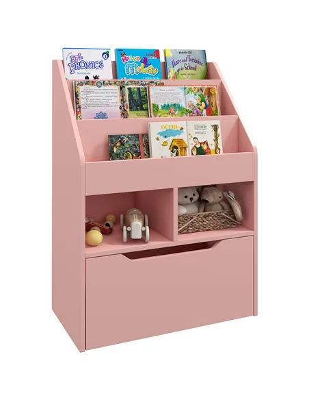 HOMCOM Kids Bookshelf, Toy Organiser, with Storage Drawer, Wheels - Pink