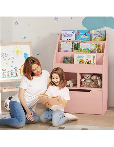 HOMCOM Kids Bookshelf, Toy Organiser, with Storage Drawer, Wheels - Pink