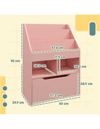 HOMCOM Kids Bookshelf, Toy Organiser, with Storage Drawer, Wheels - Pink