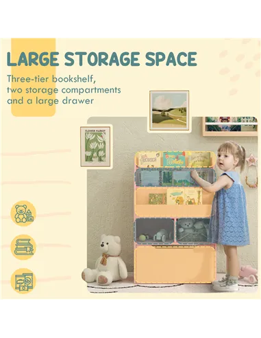 HOMCOM Kids Bookshelf, Toy Organiser, with Storage Drawer, Wheels - Pink