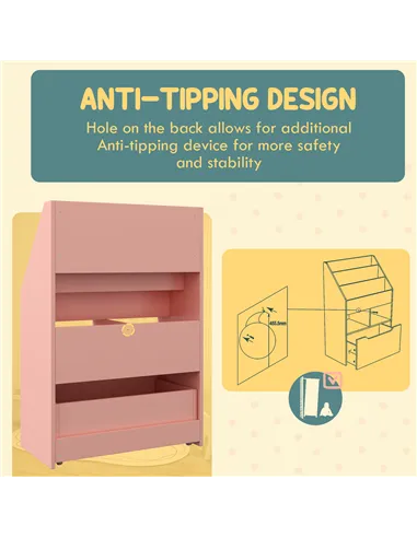 HOMCOM Kids Bookshelf, Toy Organiser, with Storage Drawer, Wheels - Pink