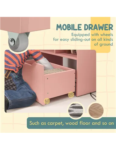 HOMCOM Kids Bookshelf, Toy Organiser, with Storage Drawer, Wheels - Pink