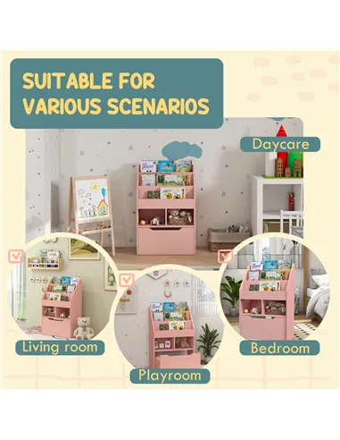 HOMCOM Kids Bookshelf, Toy Organiser, with Storage Drawer, Wheels - Pink