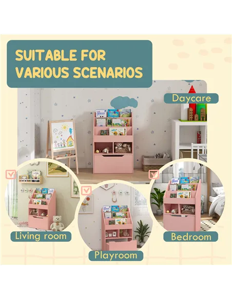 HOMCOM Kids Bookshelf, Toy Organiser, with Storage Drawer, Wheels - Pink
