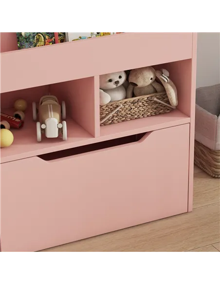 HOMCOM Kids Bookshelf, Toy Organiser, with Storage Drawer, Wheels - Pink