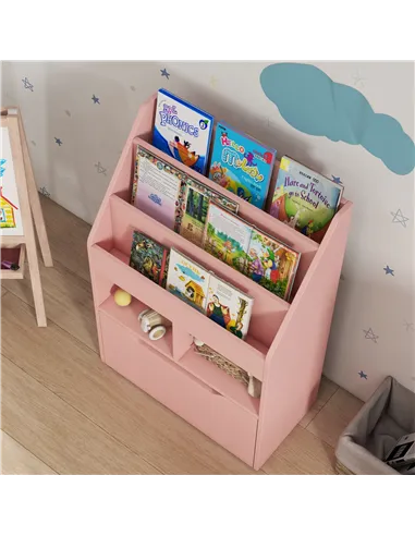 HOMCOM Kids Bookshelf, Toy Organiser, with Storage Drawer, Wheels - Pink
