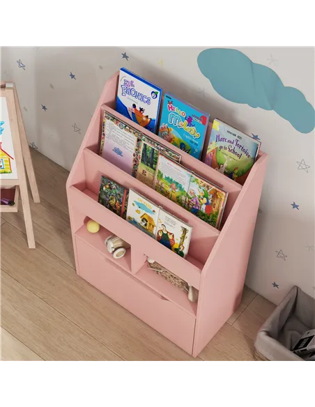 HOMCOM Kids Bookshelf, Toy Organiser, with Storage Drawer, Wheels - Pink