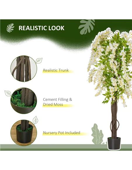 HOMCOM Artificial Realistic White Wisteria Tree Faux Decorative Plant in Nursery Pot for Indoor Décor, 160cm