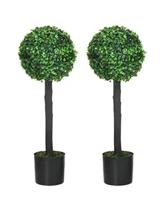 HOMCOM Set of 2 Artificial Plants Boxwood Ball Trees in Pot Fake Plants for Home Indoor Outdoor Decor, 20x20x60cm, Green