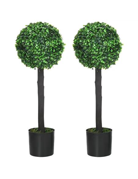 HOMCOM Set of 2 Artificial Plants Boxwood Ball Trees in Pot Fake Plants for Home Indoor Outdoor Decor, 20x20x60cm, Green
