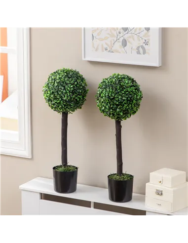 HOMCOM Set of 2 Artificial Plants Boxwood Ball Trees in Pot Fake Plants for Home Indoor Outdoor Decor, 20x20x60cm, Green