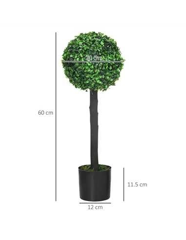 HOMCOM Set of 2 Artificial Plants Boxwood Ball Trees in Pot Fake Plants for Home Indoor Outdoor Decor, 20x20x60cm, Green