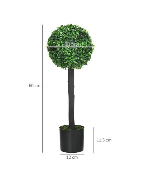 HOMCOM Set of 2 Artificial Plants Boxwood Ball Trees in Pot Fake Plants for Home Indoor Outdoor Decor, 20x20x60cm, Green