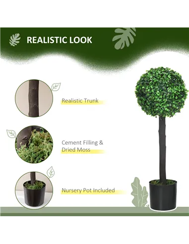 HOMCOM Set of 2 Artificial Plants Boxwood Ball Trees in Pot Fake Plants for Home Indoor Outdoor Decor, 20x20x60cm, Green
