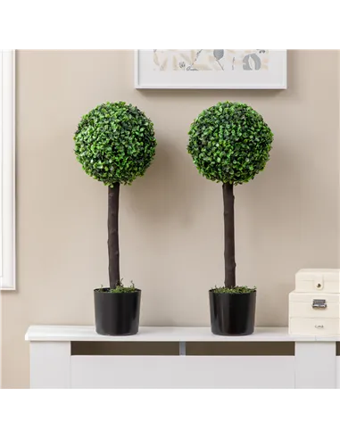 HOMCOM Set of 2 Artificial Plants Boxwood Ball Trees in Pot Fake Plants for Home Indoor Outdoor Decor, 20x20x60cm, Green
