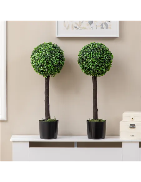 HOMCOM Set of 2 Artificial Plants Boxwood Ball Trees in Pot Fake Plants for Home Indoor Outdoor Decor, 20x20x60cm, Green