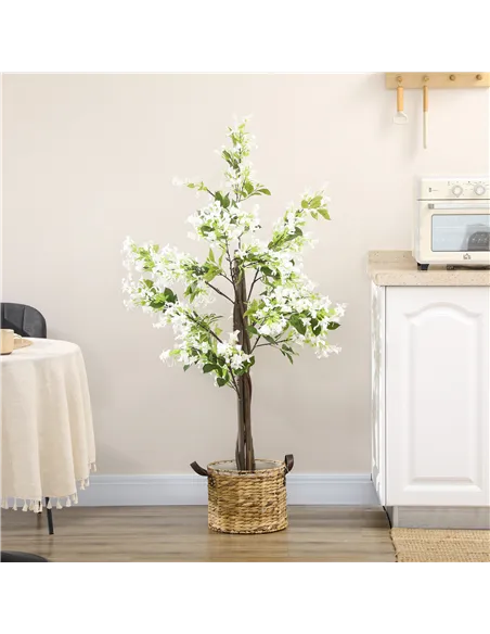 HOMCOM Artificial Plants Honeysuckle Flower in Pot Fake Plants with Curved Boots for Indoor 15x15x150cm White