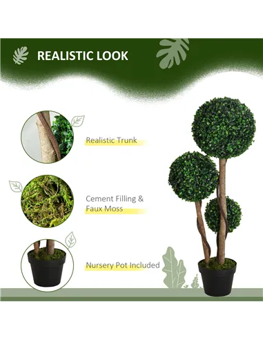 HOMCOM Decorative Artificial Tree Boxwood Ball Topiary Tree in Pot Fake Plant for Home Indoor Outdoor Decor, 90 cm, Dark Green