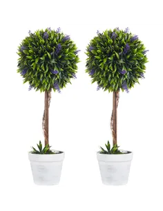 HOMCOM Set of 2 Decorative Artificial Plants Ball Trees with Lavender Flowers in Pot Fake Plants for Home Indoor Outdoor Decor, 