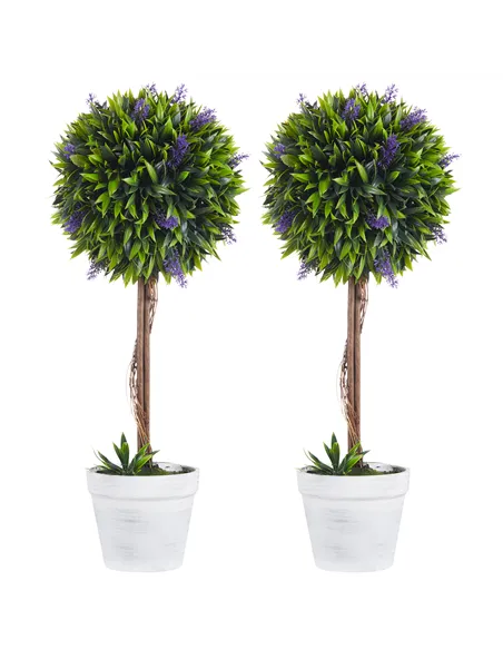 HOMCOM Set of 2 Decorative Artificial Plants Ball Trees with Lavender Flowers in Pot Fake Plants for Home Indoor Outdoor Decor, 