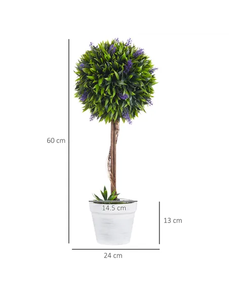 HOMCOM Set of 2 Decorative Artificial Plants Ball Trees with Lavender Flowers in Pot Fake Plants for Home Indoor Outdoor Decor, 