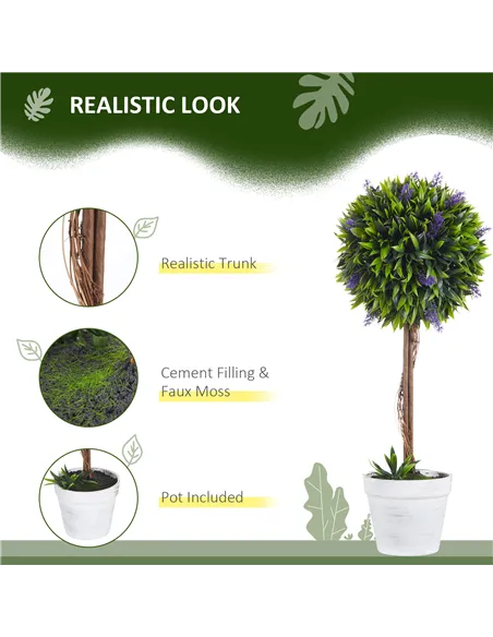 HOMCOM Set of 2 Decorative Artificial Plants Ball Trees with Lavender Flowers in Pot Fake Plants for Home Indoor Outdoor Decor, 
