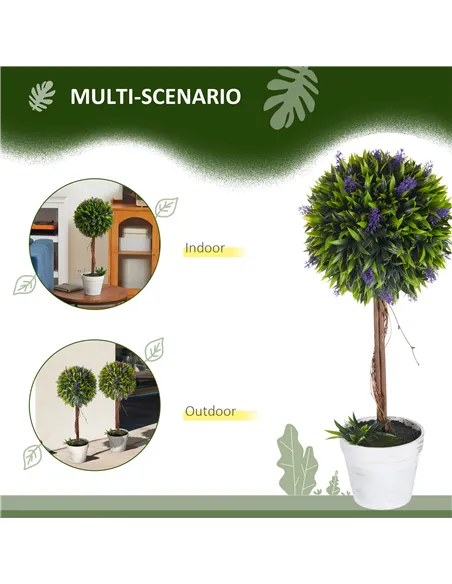 HOMCOM Set of 2 Decorative Artificial Plants Ball Trees with Lavender Flowers in Pot Fake Plants for Home Indoor Outdoor Decor, 