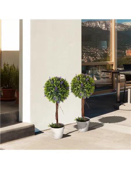 HOMCOM Set of 2 Decorative Artificial Plants Ball Trees with Lavender Flowers in Pot Fake Plants for Home Indoor Outdoor Decor, 