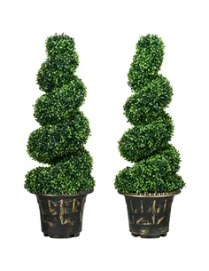 HOMCOM Set of 2 Artificial Plants, Topiary Spiral Boxwood Trees with Pot, for Home Indoor Outdoor Decor, 90cm