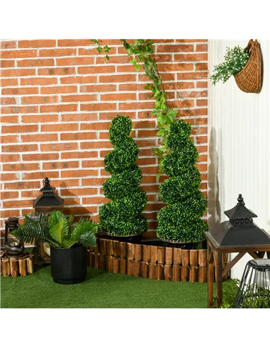 HOMCOM Set of 2 Artificial Plants, Topiary Spiral Boxwood Trees with Pot, for Home Indoor Outdoor Decor, 90cm