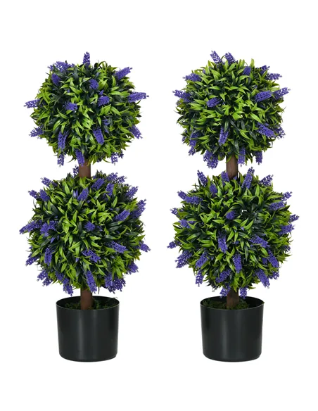 HOMCOM Set of 2 Artificial Plants, Lavender Flowers Ball Trees with Pot, for Home Indoor Outdoor Decor, 70cm