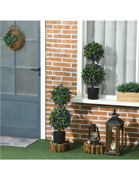 HOMCOM Set of 2 Artificial Plants, Lavender Flowers Ball Trees with Pot, for Home Indoor Outdoor Decor, 70cm