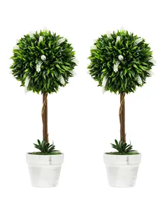 HOMCOM Set of 2 Decorative Artificial Plants Ball Trees with Flower for Home Indoor Outdoor Decor, 60cm ,White