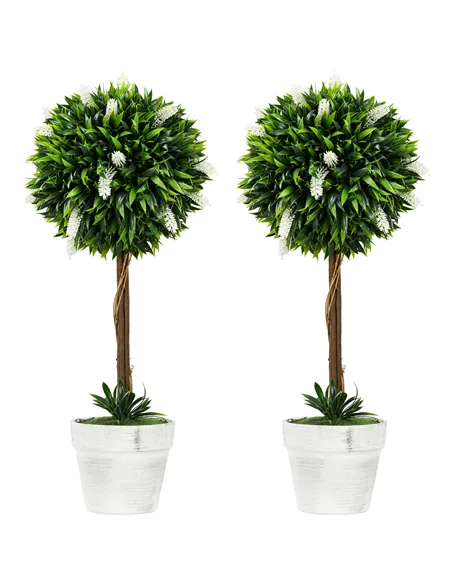 HOMCOM Set of 2 Decorative Artificial Plants Ball Trees with Flower for Home Indoor Outdoor Decor, 60cm ,White