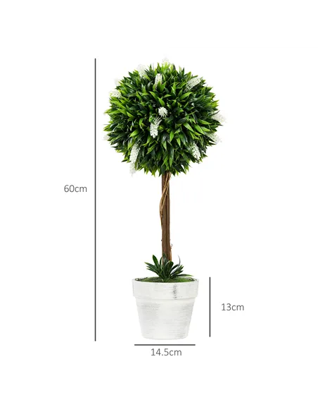 HOMCOM Set of 2 Decorative Artificial Plants Ball Trees with Flower for Home Indoor Outdoor Decor, 60cm ,White